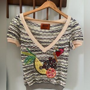 Vintage 2005 Missoni Collectable Fruit Appliqué V -Neck Knit Sweater Edition 500